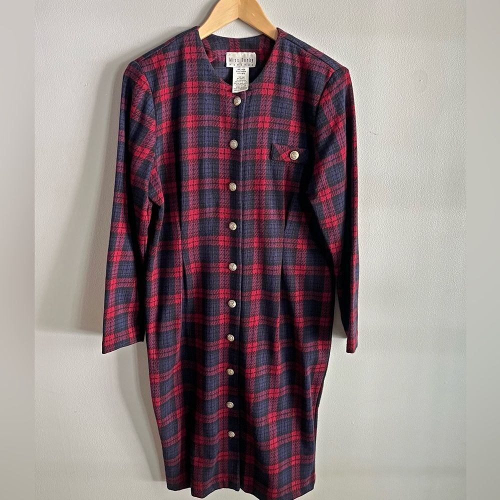 Vintage Miss Dorby Plaid Dress | Red Navy Button Midi Shift Dress | 80s Retro